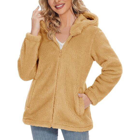 MagcoMsen Fleece Jacket Full Zip Tan Hooded Sherpa Fuzzy Sz S Women's - Picture 3 of 14